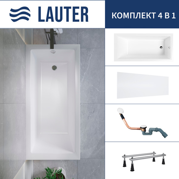 Ванна акриловая Lauter Athena 170x80 / 21090080 (с ножками, лицевым экраном и сифоном 21Y11022 белый) - фото