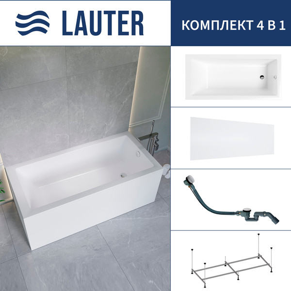 Ванна акриловая Lauter Athena 170x80 / 21090080 (с каркасом, лицевым экраном и сифоном 21Y32002 белый) - фото