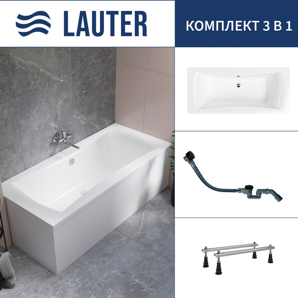 Ванна акриловая Lauter Belgravia 170x75 / 21110170 (с ножками и сифоном 21Y32001 матовый черный) - фото