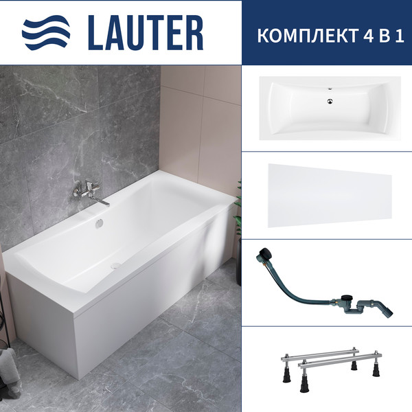 Ванна акриловая Lauter Belgravia 170x75 / 21110170 (с ножками, лицевым экраном и сифоном 21Y32001 матовый черный) - фото