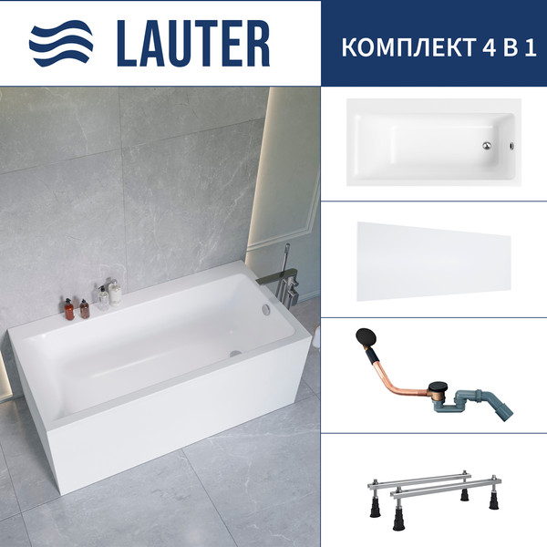 Ванна акриловая Lauter Seraphina 170x80 / 2112170R (с ножками, лицевым экраном и сифоном 21Y11021 матовый черный) - фото