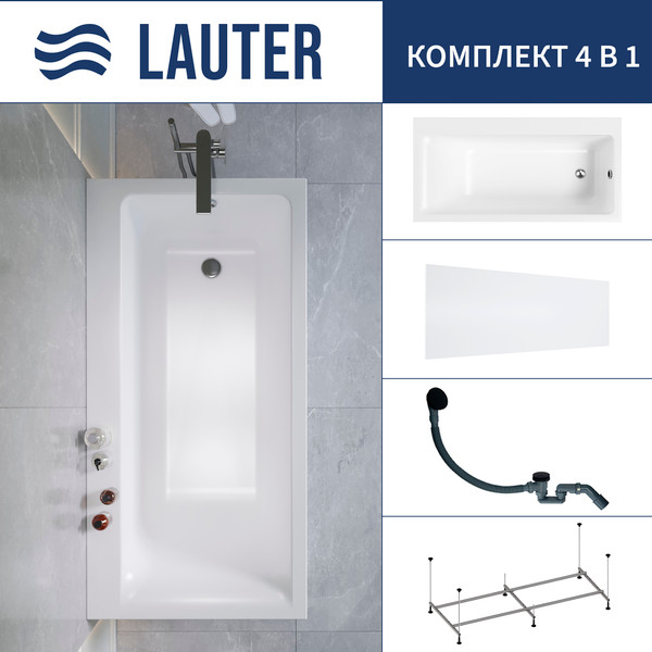 Ванна акриловая Lauter Seraphina 170x80 / 2112170R (с каркасом, лицевым экраном и сифоном 21Y31001 матовый черный) - фото