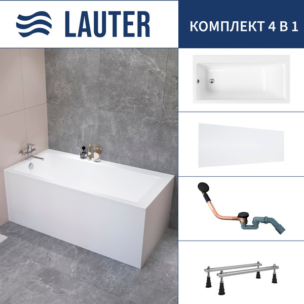 Ванна акриловая Lauter Seraphina 170x80 / 2112170L (с ножками, лицевым экраном и сифоном 21Y11021 матовый черный) - фото