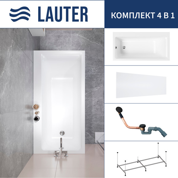 Ванна акриловая Lauter Seraphina 170x80 / 2112170L (с каркасом, лицевым экраном и сифоном 21Y11021 матовый черный) - фото