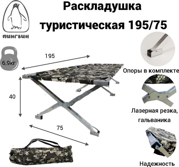 Раскладушка Пингвин Shelters Складная алюминиевая в чехле 185x75 / 00395