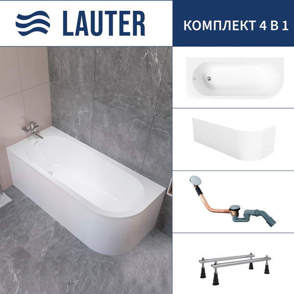 Ванна акриловая Lauter Monaco 170x72.5 / 2113170L (с ножками, лицевым экраном и сифоном 21Y11020 хром) - фото