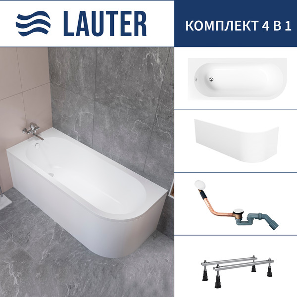 Ванна акриловая Lauter Monaco 170x72.5 / 2113170L (с ножками, лицевым экраном и сифоном 21Y11022 белый) - фото