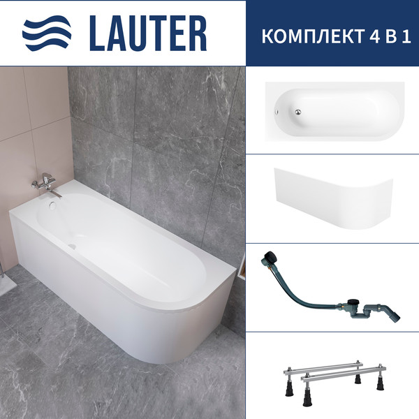 Ванна акриловая Lauter Monaco 170x72.5 / 2113170L (с ножками, лицевым экраном и сифоном 21Y32001 матовый черный) - фото