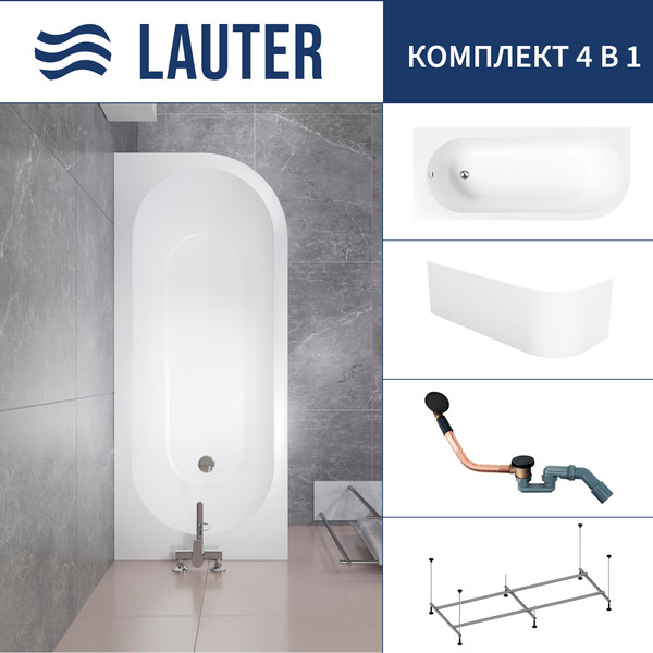 Ванна акриловая Lauter Monaco 170x72.5 / 2113170L (с каркасом, лицевым экраном и сифоном 21Y11021 матовый черный) - фото