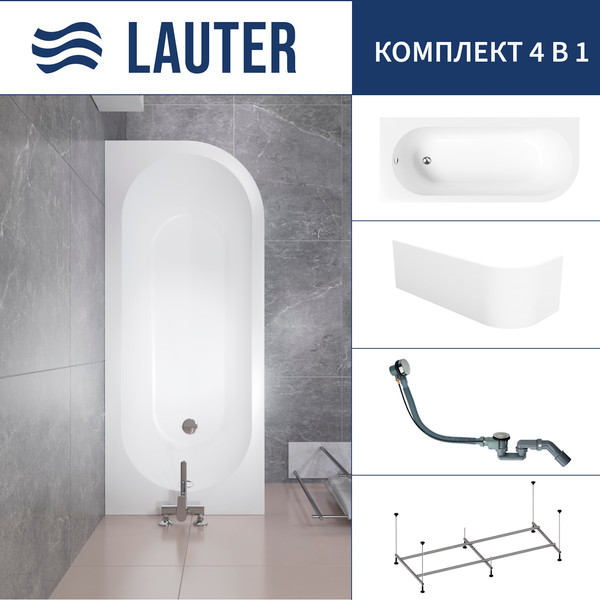 Ванна акриловая Lauter Monaco 170x72.5 / 2113170L (с каркасом, лицевым экраном и сифоном 21Y32000 хром) - фото