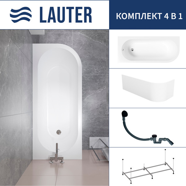 Ванна акриловая Lauter Monaco 170x72.5 / 2113170L (с каркасом, лицевым экраном и сифоном 21Y31001 матовый черный) - фото