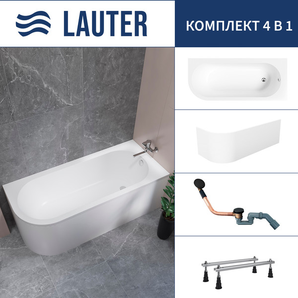 Ванна акриловая Lauter Monaco 170x72.5 / 2113170R (с ножками, лицевым экраном и сифоном 21Y11021 матовый черный) - фото