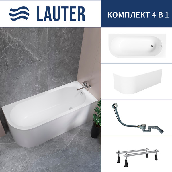 Ванна акриловая Lauter Monaco 170x72.5 / 2113170R (с ножками, лицевым экраном и сифоном 21Y32000 хром) - фото