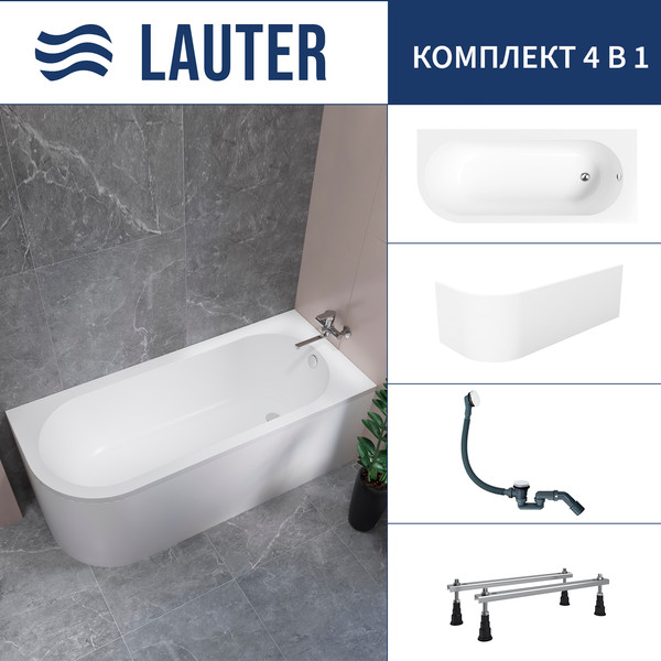 Ванна акриловая Lauter Monaco 170x72.5 / 2113170R (с ножками, лицевым экраном и сифоном 21Y31002 белый) - фото