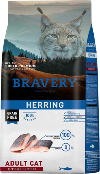 Сухой корм для кошек BRAVERY Монопротеиновый беззерновой для стерилизованных с сельдью - фото