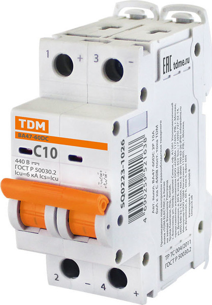 Выключатель автоматический TDM ВА47-60DC 2P 10А 6кА С / SQ0223-1026 - фото