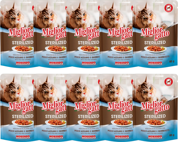 Влажный корм для кошек Miglior Sterilized Кусочки в желе рыба и креветки - фото