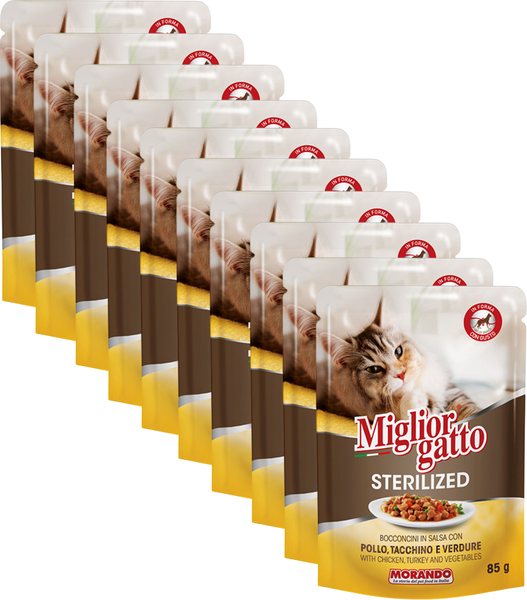 Влажный корм для кошек Miglior Sterilized Кусочки в соусе курица, индейка, овощи - фото