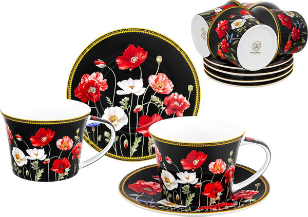 Набор для чая/кофе Elan Gallery Маки на черном New Bone China / 420673_6 - фото
