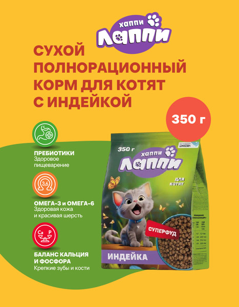 Сухой корм для кошек Хаппи Лаппи Для котят индейка