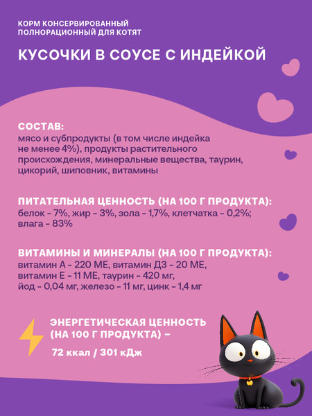 Влажный корм для кошек Хаппи Лаппи Для котят индейка