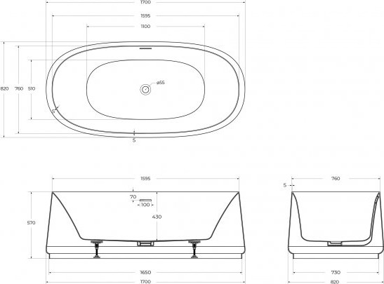 Ванна акриловая Cezares CZR-LUX-CENTRAL-170-82-58-MATT
