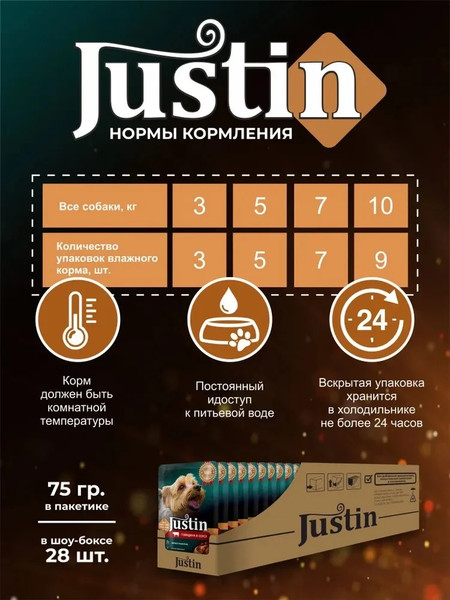Влажный корм для собак Justin Говядина в соусе