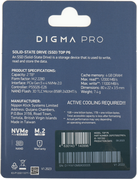 SSD диск Digma Top P6 M.2 2280 2000GB DGPST5002TP6T4