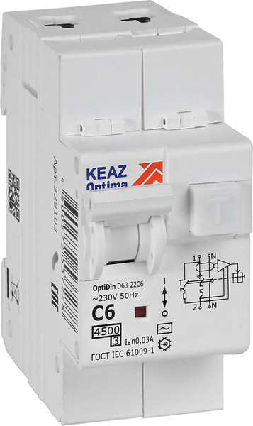 Дифференциальный автомат КЭАЗ OptiDin D63-22C6-AC-У3 2P C6 30mA 4.5кА / 328103 - фото