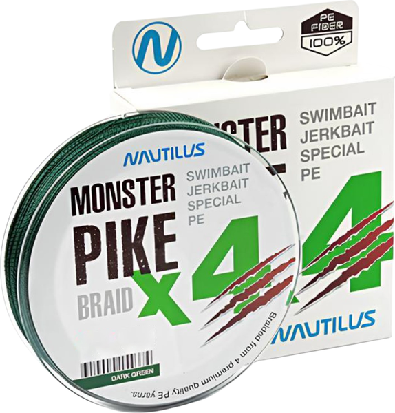 Леска плетеная NAUTILUS Monster Pike Braid X4 Dark Green d-0.41 36.2кг 80lb /06-24300334 - фото