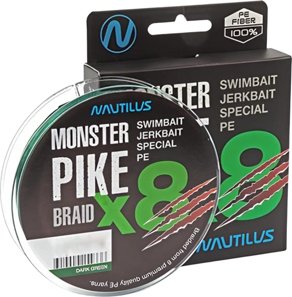 Леска плетеная NAUTILUS Monster Pike Braid X8 Dark Green d-0.38 34.3кг 76lb /06-24300329 - фото