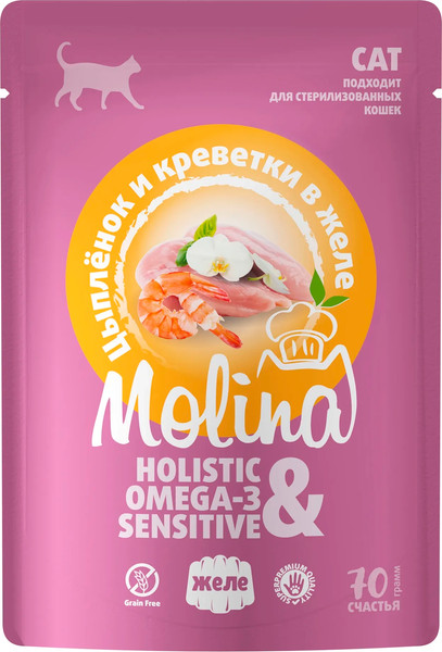 Влажный корм для кошек Molina Цыпленок и креветки в желе / 1061212 - фото