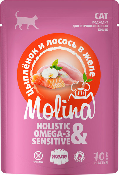 Влажный корм для кошек Molina Цыпленок и лосось в желе / 1061243 - фото