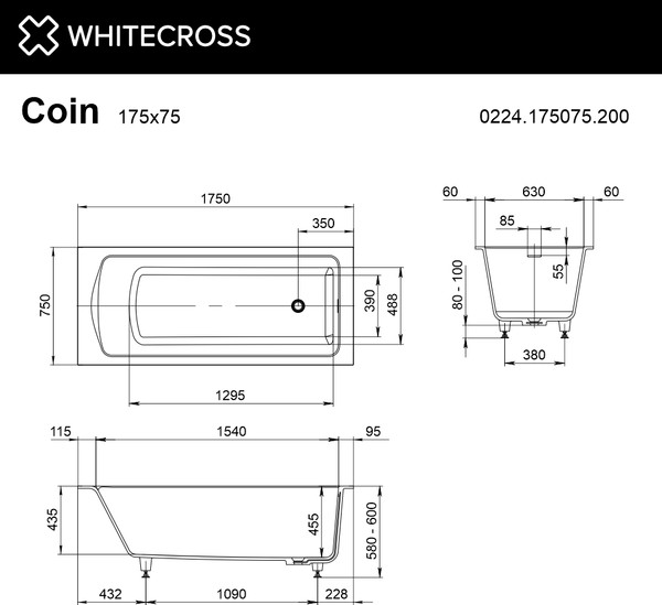 Ванна из искусственного камня Whitecross Coin 175x75 / 0224.175075.200