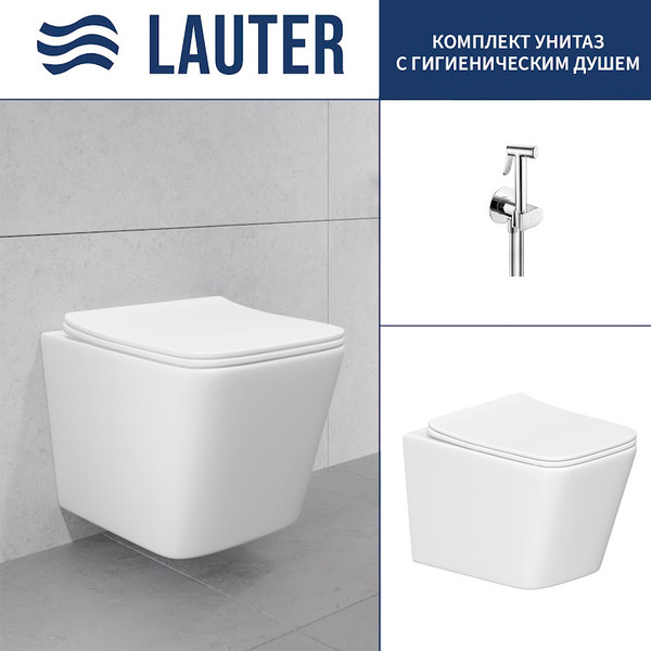 Унитаз подвесной Lauter Square с жестким сиденьем Soft Close 214903 + Breez 21GN7071CH - фото