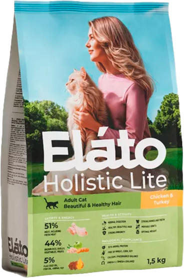 Сухой корм для кошек Elato Holistic Lite Для красивой здоровой шерсти с курицей и индейкой - фото
