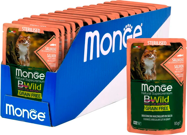 Влажный корм для кошек Monge BWild Grain Free из лосося с креветками и овощами - фото