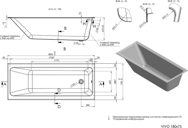 Ванна акриловая Cersanit Vivo 180x75 / 68388