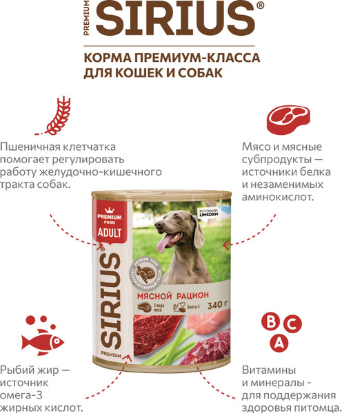 Влажный корм для собак Sirius Мясной Рацион 
