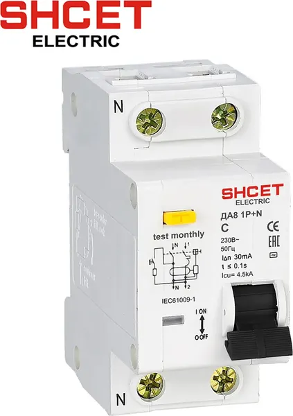 Дифференциальный автомат SHCET ДА 8 1Р+N 63А 100мА уст. шина / S0003226 - фото