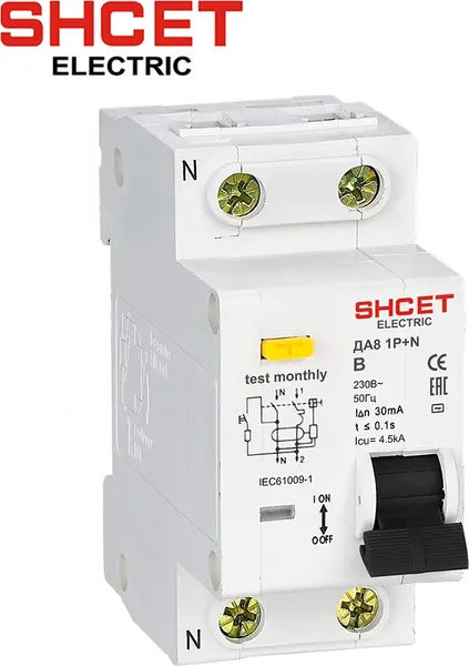 Дифференциальный автомат SHCET ДА 8 1Р+N 63А 30мА хар.В уст. шина / S0000510 - фото
