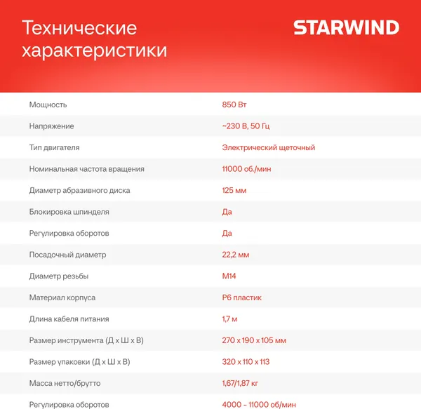 Угловая шлифовальная машина StarWind AG125E-850