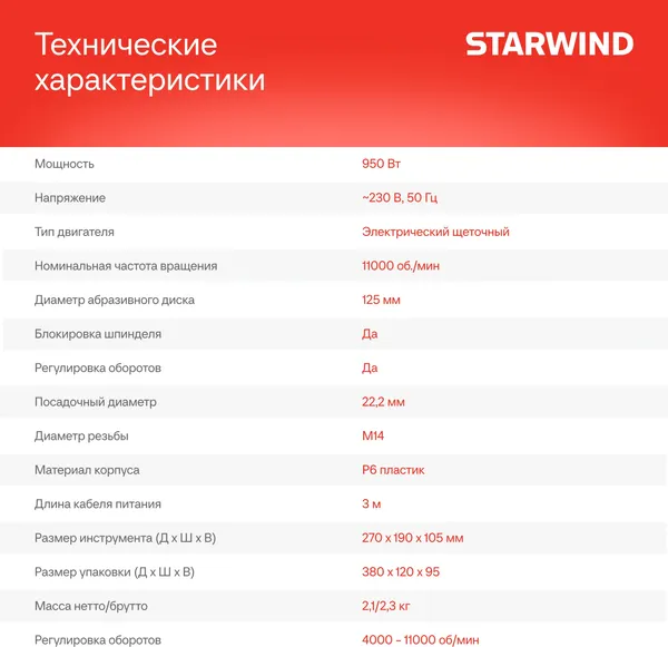 Угловая шлифовальная машина StarWind AG125E-950