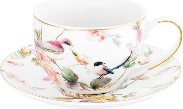 Чашка с блюдцем Elan Gallery Певчие птички New Bone China / 730780 - фото
