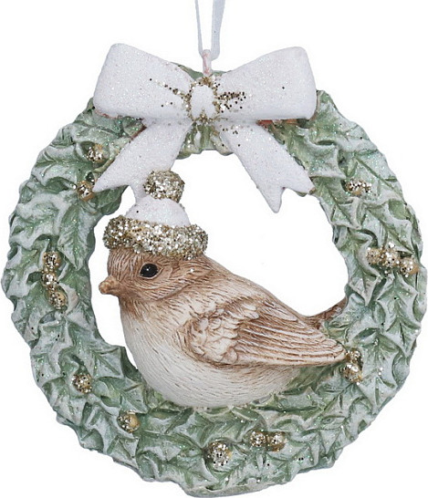 Елочная игрушка Gisela Graham Snowberries Птица в венке с бантом / 10558 - фото
