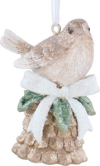 Елочная игрушка Gisela Graham Snowberries Птица на сосновой шишке с бантом / 10557 - фото