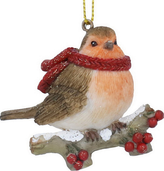Елочная игрушка Gisela Graham Woodland Tales Снегирь с шарфом на ветке / 10309 - фото