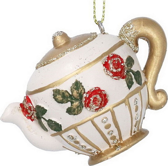 Елочная игрушка Gisela Graham Alice in Christmas Land Чайник с красными розами / 10043_2 - фото