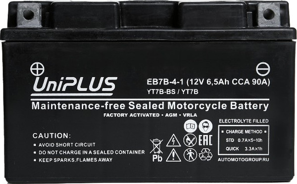 Мотоаккумулятор UniPLUS HP 6.5 Ah (1) 90A YT7B-BS / EB7B-4-1 - фото