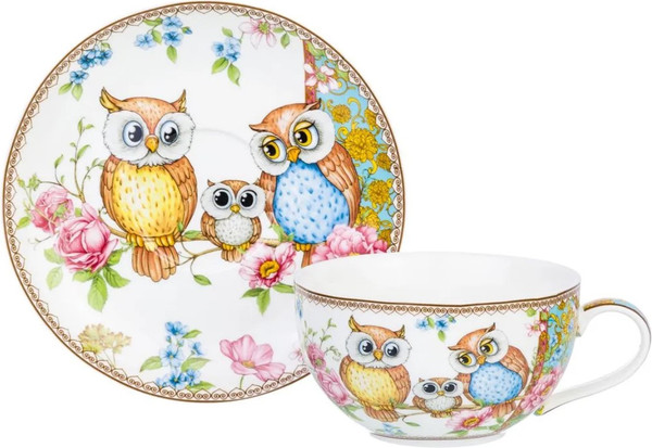 Чашка с блюдцем Elan Gallery Совушки New Bone China / 420346 - фото